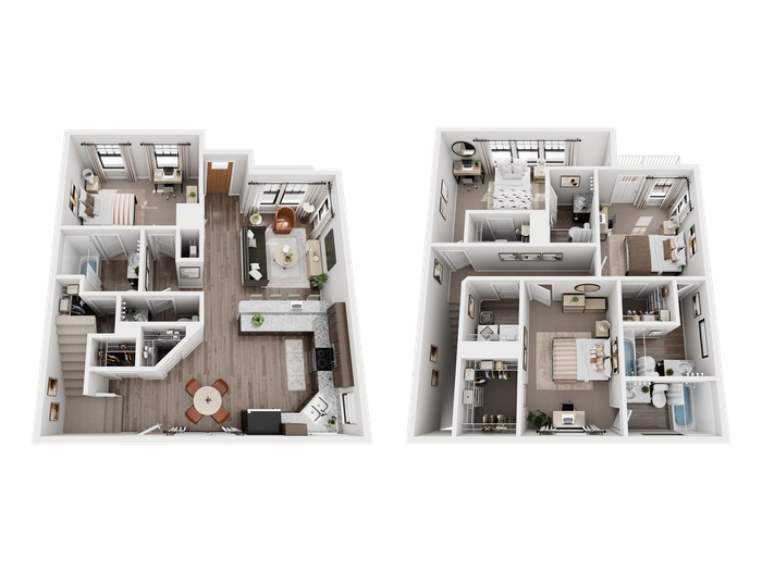 Modern 3D floor plan showcasing two spacious floors, featuring a cozy living area, elegant kitchen, multiple bedrooms, and stylish bathrooms with ample natural light.
