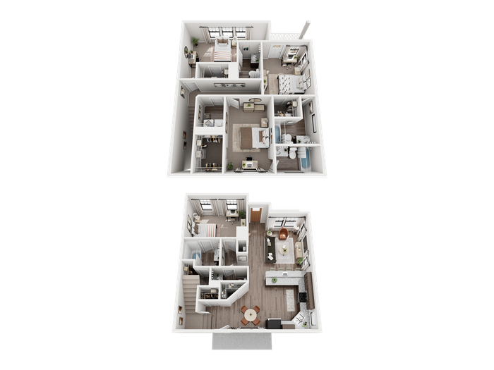 Modern two-story floor plan featuring four bedrooms, four and a half bathrooms, a spacious open-concept living area, and a sleek kitchen with a breakfast bar.