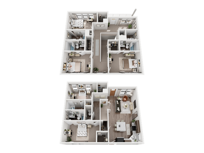 Modern two-level apartment floor plan featuring five bedrooms, spacious living areas, and sleek kitchen design.