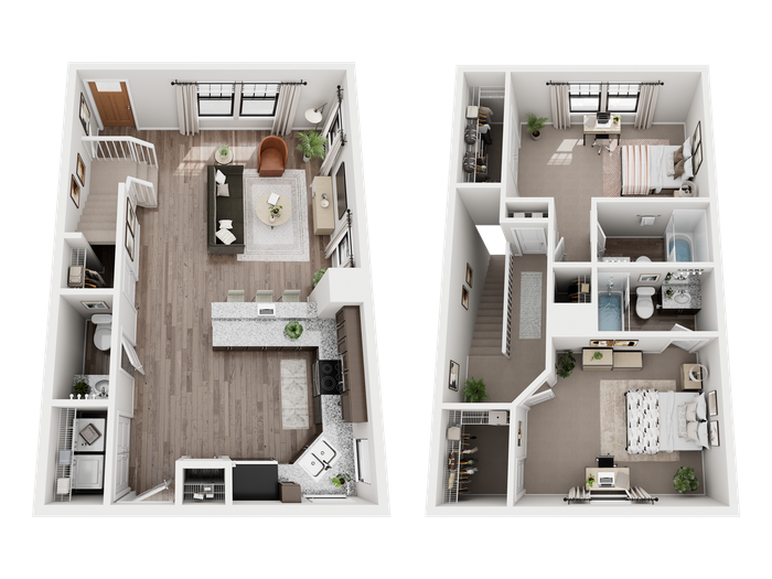 Chic two-story floor plan with open-concept living area, modern kitchen, and cozy bedrooms. Ideal blend of style and functionality.
