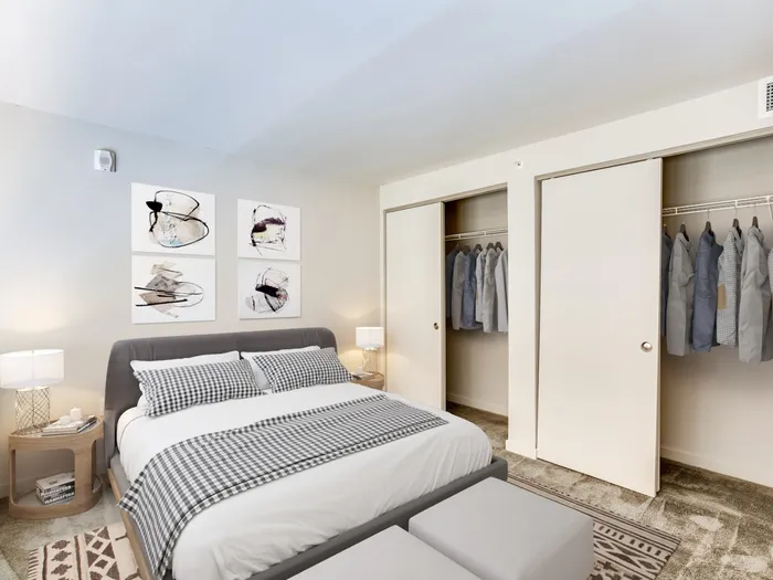 Furnished bedroom decorated at the Fox Building.