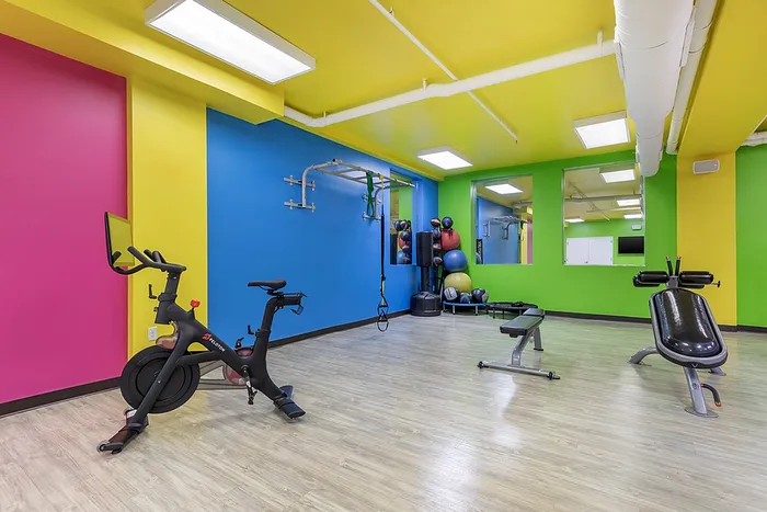 Bright gym with fitness equipment and colorful walls
