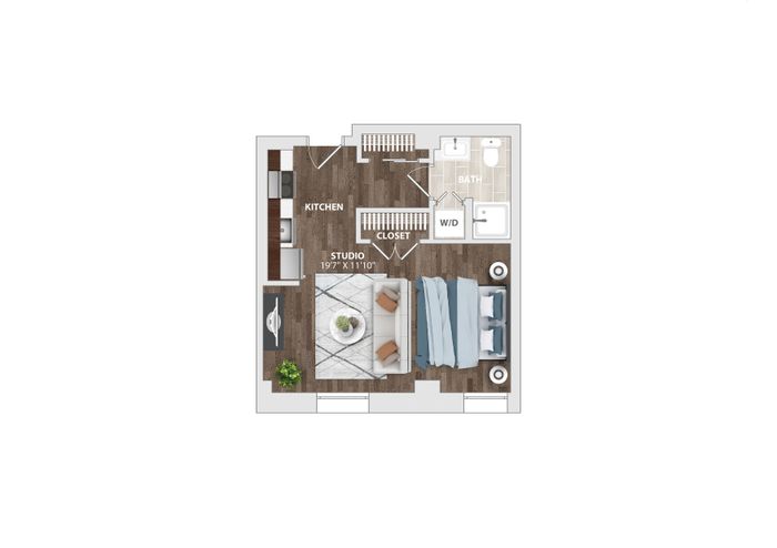 Modern studio apartment floor plan with open kitchen, spacious living area, and bathroom, including a closet and washer-dryer setup.