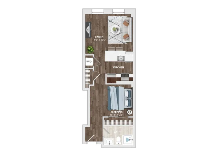 Modern studio apartment floor plan featuring spacious living area, kitchen, sleeping area, and bathroom.