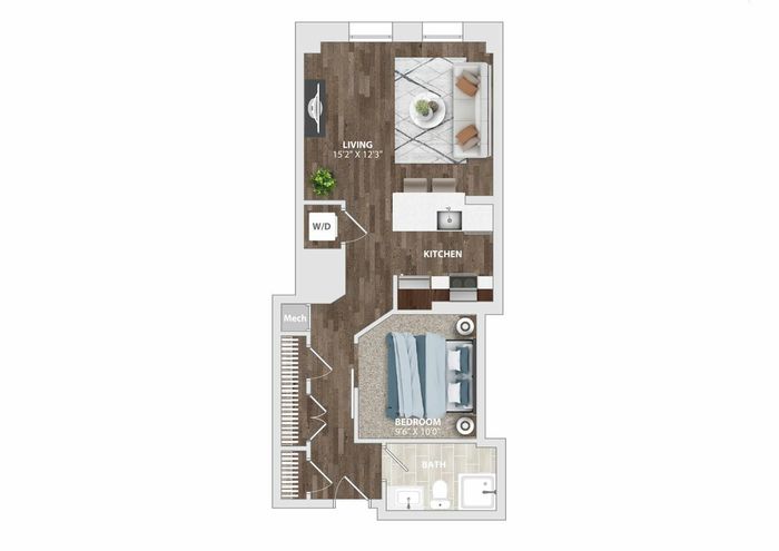 Stylish one-bedroom apartment floor plan with open living area and kitchen.