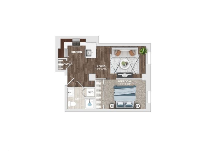 Modern open-concept one-bedroom apartment floor plan with living area, kitchen, and bathroom.