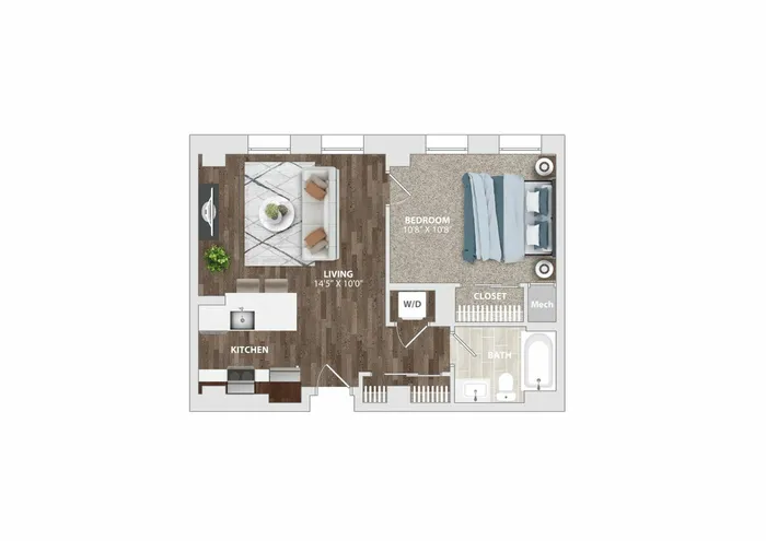 Contemporary one-bedroom apartment floor plan featuring a spacious living room, modern kitchen, bedroom, and bathroom with laundry facilities.