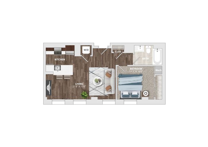 Contemporary one-bedroom apartment floor plan with open kitchen and spacious living area.