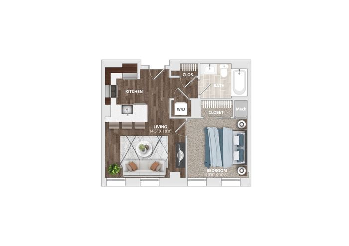 Floor plan of a stylish one-bedroom apartment with living room, kitchen, bathroom, and closet space.