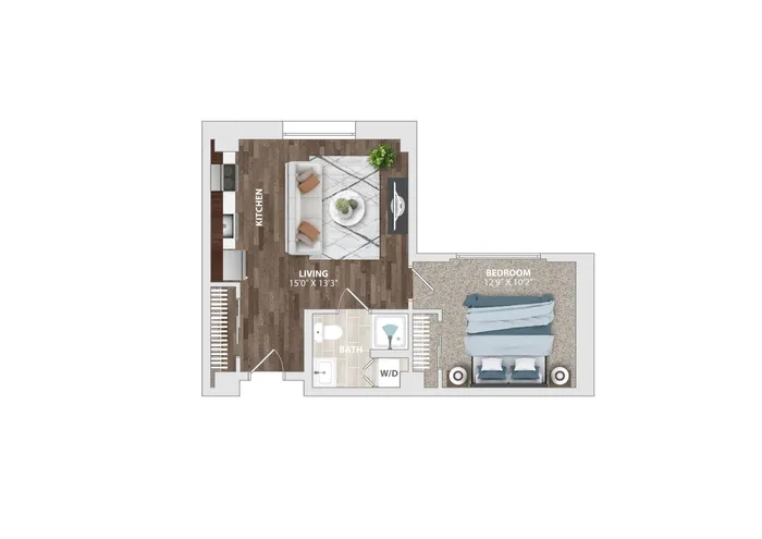 Contemporary apartment floor plan with one bedroom, spacious living area, kitchen, and bathroom, featuring stylish wood flooring and modern design.