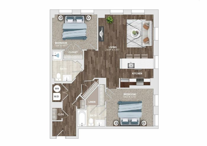 Contemporary 2-bedroom, 2-bathroom apartment floor plan with spacious living area and modern kitchen.