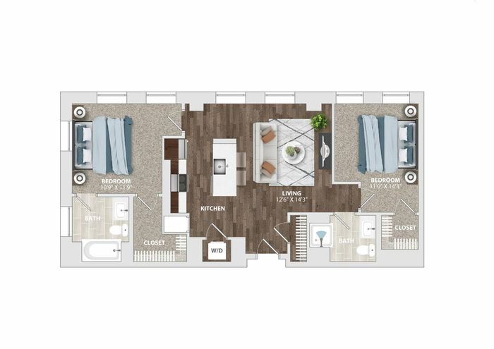 Modern floor plan featuring two spacious bedrooms, stylish kitchen, and inviting living area.