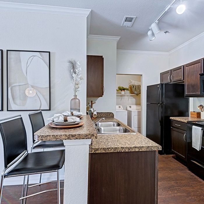the hudson statesboro student housing model unit kitchen with furniture