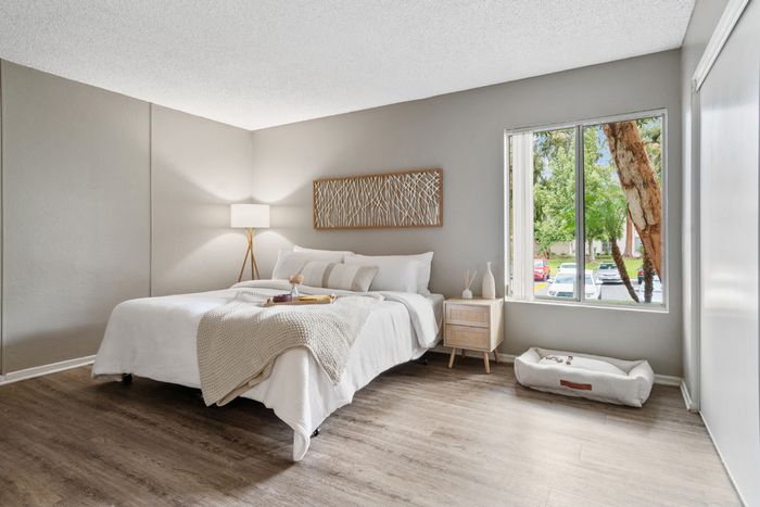 campus crossings riverside model unit bedroom with bed, end table, and dog bed.