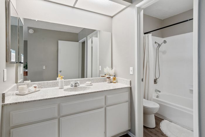 campus crossings riverside model unit bathroom with sinks, toilet, and tub shower.