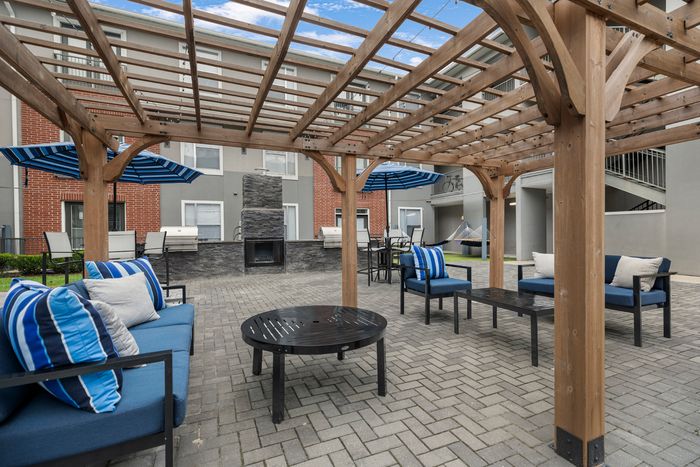 outdoor sitting area with awning campus crossings highland