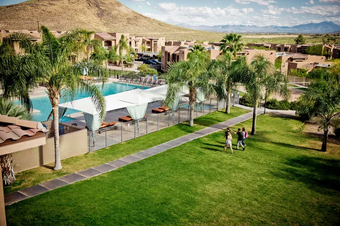 campus crossings at star pass overhead shot of the pool area and open yard.