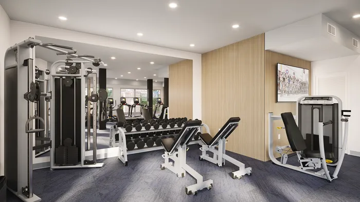 campus crossings briarcliff fitness center with free weights and cable machines.