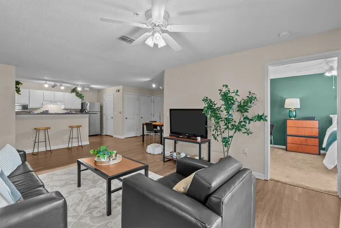 abbey west athens georgia model unit living area with couch, chairs, coffee table, and tv stand with tv.