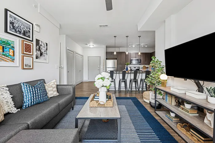 tenn student living knoxville model unit living room with couches and flat screen tv