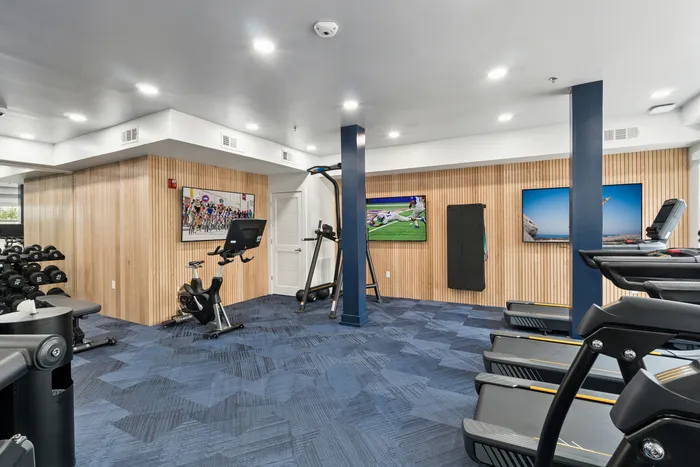 campus crossings briarcliff renovated fitness center with treadmills, elliptical, and pull up machine.