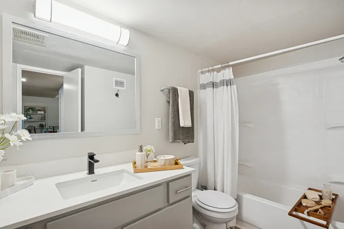 Bright and modern bathroom featuring a stylish vanity, large mirror, and elegant white bathtub with shower curtain.