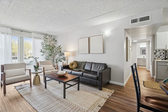 Bright and inviting living room featuring a sleek black leather sofa, modern chairs, and a stylish coffee table, accented by natural light and lush greenery.