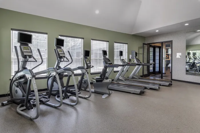Modern fitness center with state-of-the-art ellipticals and treadmills in a bright, airy space.