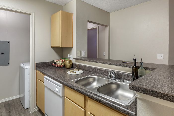 Modern kitchen with sleek countertops, stainless steel sink, and integrated dishwasher adjacent to a convenient laundry area.