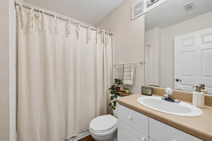 Elegant bathroom with a modern sink, plush shower curtain, and stylish decor, providing a serene and inviting atmosphere.