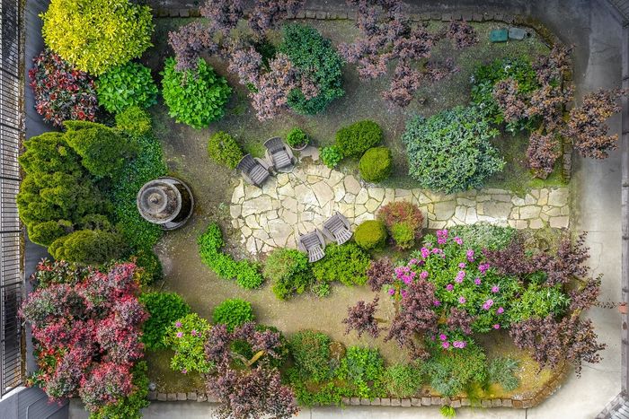 Charming aerial view of a lush garden with vibrant plants, stone path, and cozy seating area.