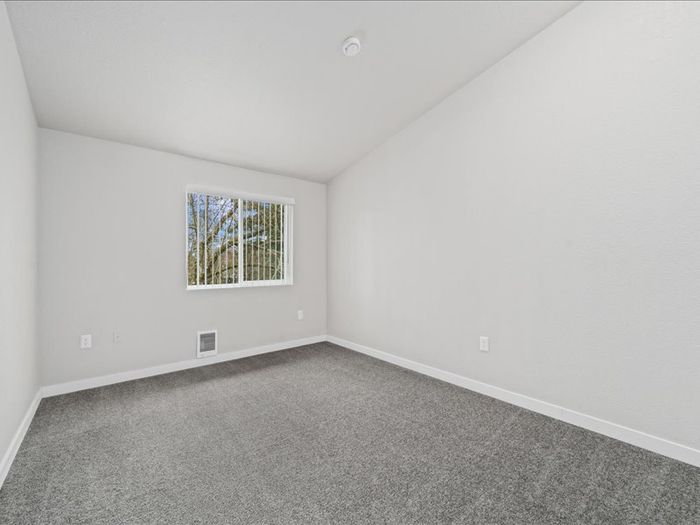Bright and airy bedroom with plush carpeting, ample natural light from a large window, and fresh neutral walls.