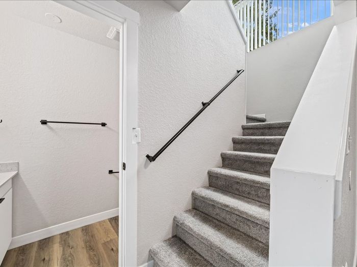 Bright and modern staircase with plush carpeting, leading to an inviting upper floor, complemented by sleek handrails and a glimpse of blue skies through the window grilles.
