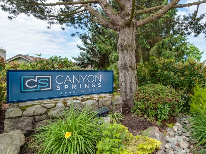 Lush landscaping and winding paths at Canyon Springs in Lynnwood, Washington
