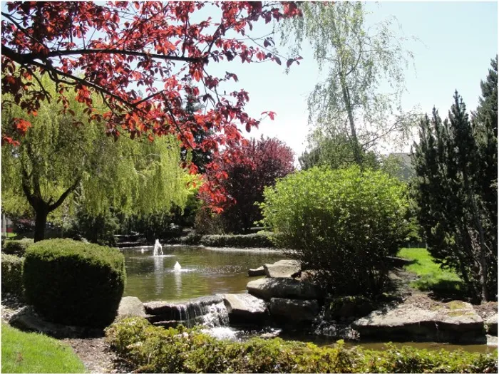 Lush landscaping and winding paths at Canyon Springs in Lynnwood, Washington