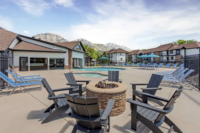 Fire pit with majestic views at The Branbury student apartments in Provo, Utah