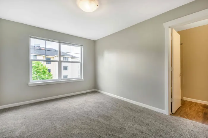 Master bedroom view in two bedroom apartment home at Terrace View in Seattle, Washington.
