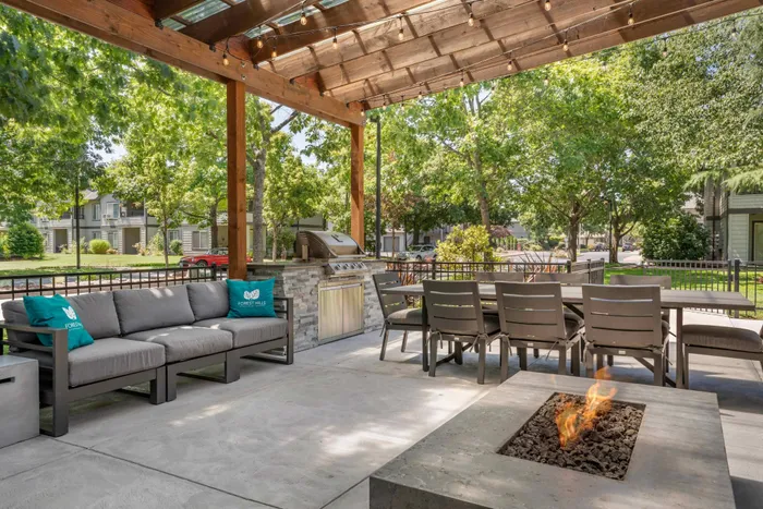 Outdoor lounge with firepit at Forest Hills in Eugene, Oregon
