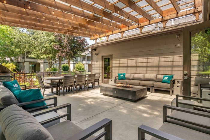 Outdoor lounge with firepit at Forest Hills in Eugene, Oregon