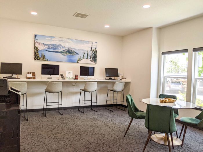 Modern clubhouse at Grand Oaks apartment community in Corvallis, Oregon.
