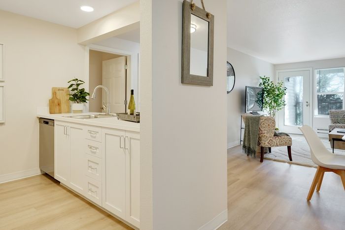 Kitchen and Living Room at Grand Oaks apartment community in Corvallis, Oregon.