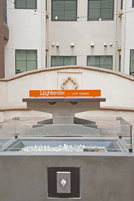 Three courtyards at Highlander at North Campus in Riverside, California featuring ping pong, corn hole, and a fire pit