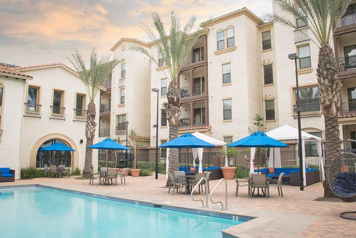 Resort-style pool at Highlander at North Campus in Riverside, California