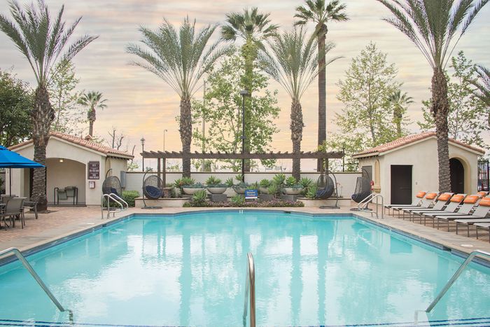 Resort-style pool at Highlander at North Campus in Riverside, California