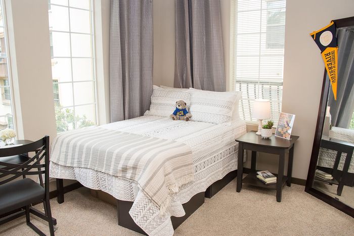 Plush designer carpet in the bedroom at Highlander at North Campus in Riverside, California
