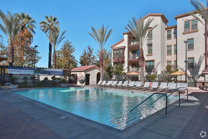 Resort-style pool at Highlander at North Campus in Riverside, California