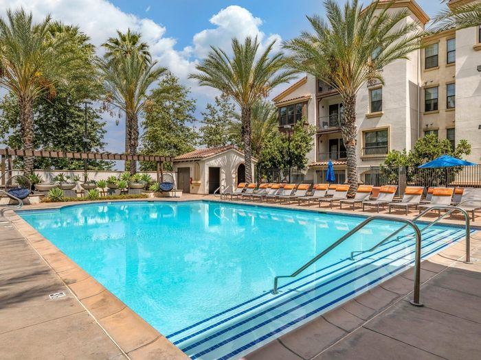 Resort-style pool at Highlander at North Campus in Riverside, California
