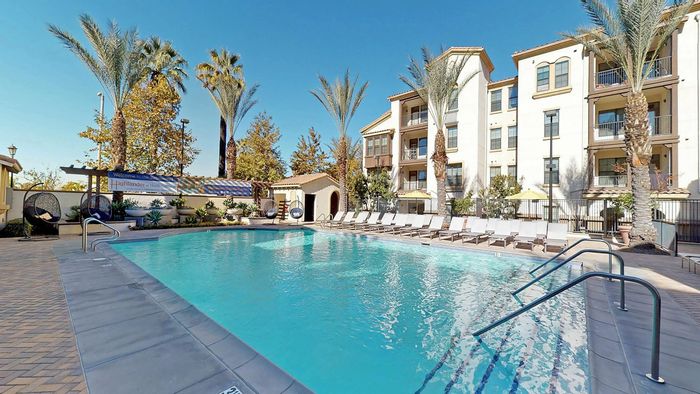 Resort-style pool at Highlander at North Campus in Riverside, California