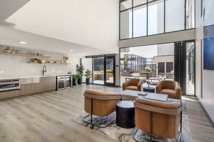 Resident kitchen and lounge at The Edison in Reno, Nevada.