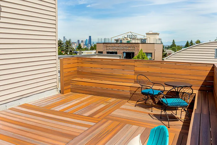 Rooftop view of Puget Sound and downtown Seattle from North Admiral apartments in Seattle, WA
